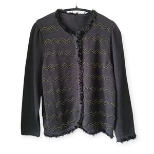 NWT Vintage 90s Black Gold Zigzag Beaded Cardigan With Fringe Eclectic Grandpa
